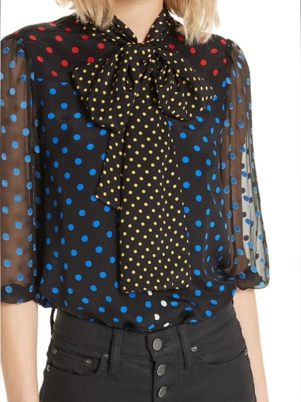Alice + Olivia Black Polka Dot Tie-Neck Blouse with Multicolor Dots